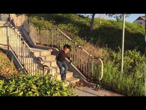 Benny jumping off stairs in slow motion