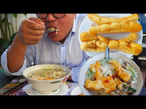 Eating DELICIOUS Pork Rice Porridge With Breadsticks  @ Sluek Mrum Boeng Trabaek