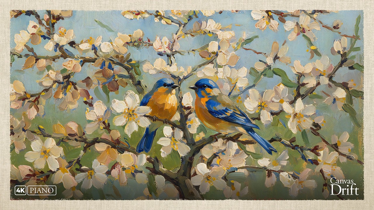 Spring Birds Focus Piano – Romantic Impressionist Blossom Art for Study, Calm Productivity & Deep Wo