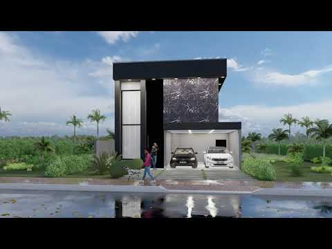 Fachada residencial em 3D do projeto de sobrado em terreno de declive