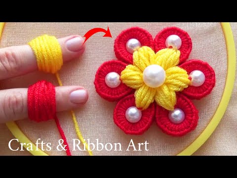 Amazing Woolen Craft Ideas with Finger - Hand Embroidery Beautiful Flower Design - DIY Woolen Flower