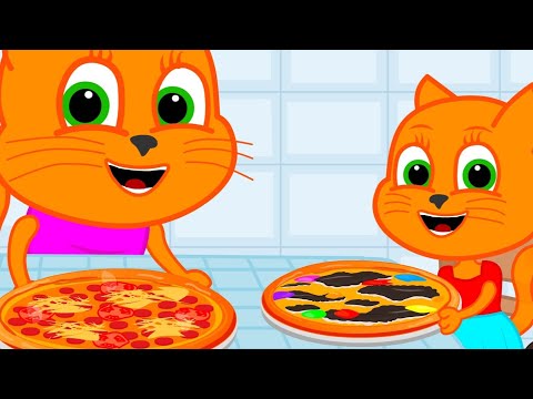 Cats Family in English - SWEET PIZZA 🍕🍓🍫 Cartoon for Kids