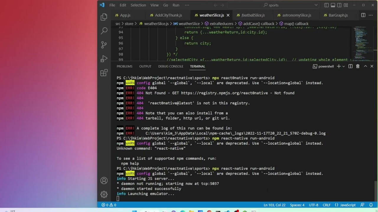 React Native Failed to install the App error, Android emulator not starting or lost connection