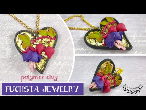~JustHandmade~ Polymer clay jewelry with FUCHSIA flowers - heart shaped pendant - tutorial / DIY