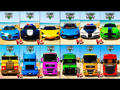 Bugatti Chiron vs Hino Truck vs Ferrari Police vs Euro Man Truck - GTA 5 Mods 1hour cars compilation