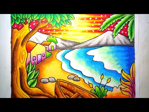 Mewarnai gradasi dengan crayon / Oilpastel : Pemandangan indah pantai | Drawing Beach Scenery