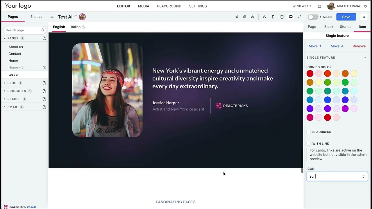 AI full-page content generation in React Bricks visual headless CMS.