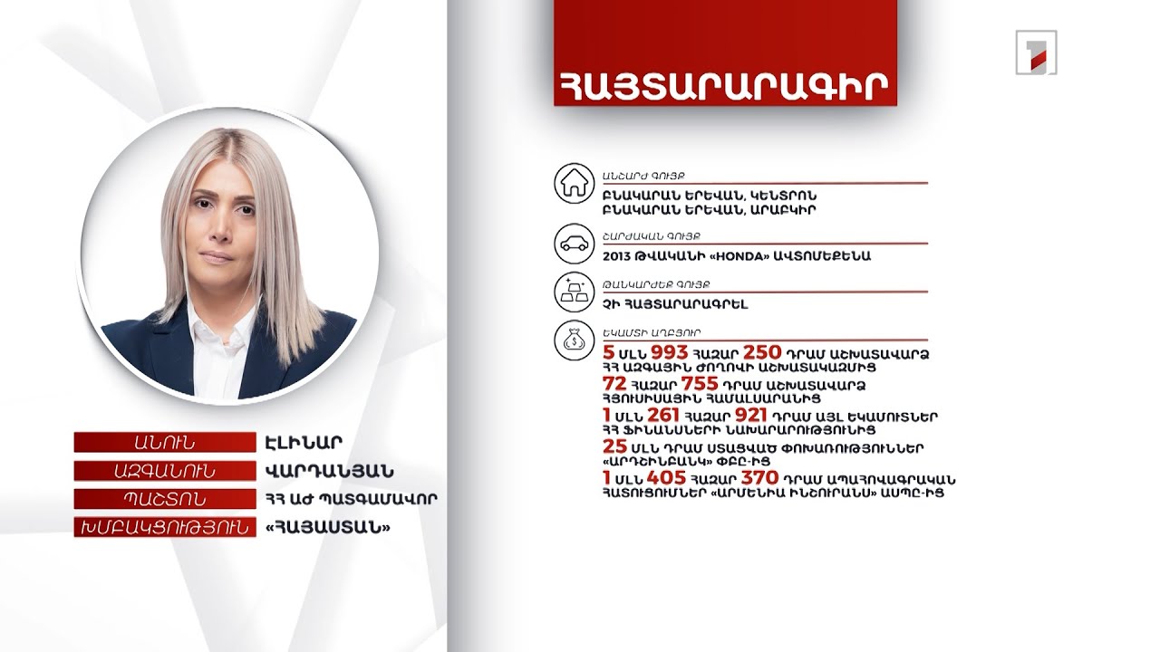 2 անշարժ գույք, ավտոմեքենա, 50 հազար դոլար. ՀՀ ԱԺ պատգամավոր Էլինար Վարդանյանի հայտարարագիրը