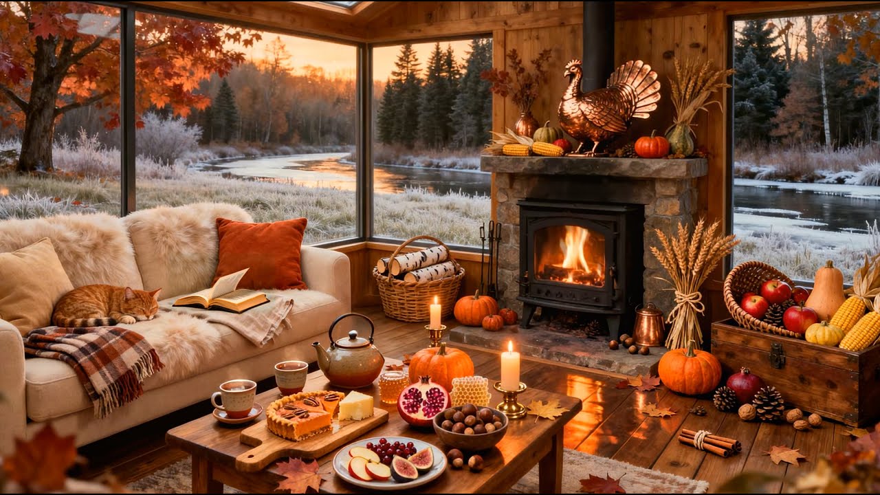 Quiet Thanksgiving Evening | Cozy Cabin, Fireplace & Frosted River View