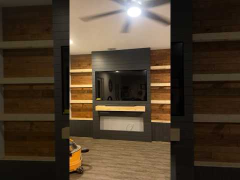 Media wall, Shiplap built in, faux fireplace, tv console, floating shelves, real wood, carpentry.