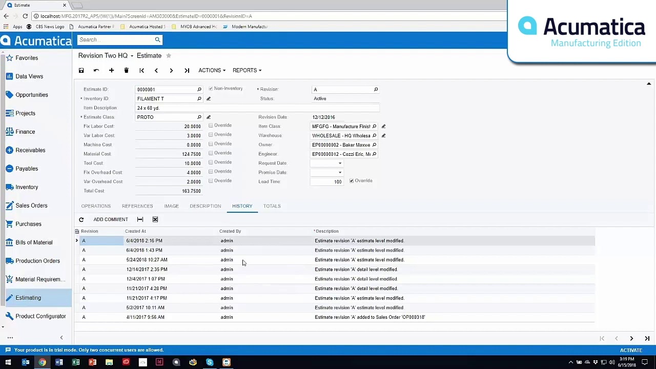 Acumatica Cloud ERP Manufacturing Estimates