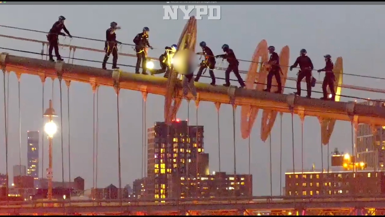 Video thumbnail for Police officers rescue woman from high atop the Brooklyn Bridge