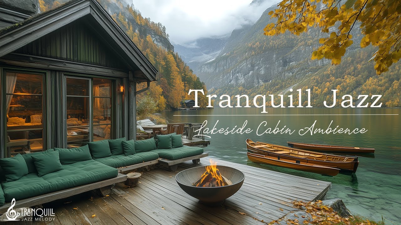 Tranquill Jazz In Lakeside | Cozy Outdoor Autumn Coffee Shop Ambience With Warm Fireplace For Rel...