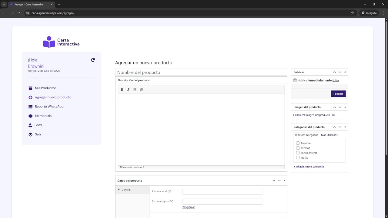 Agregar nuevo producto / Carta Interactiva