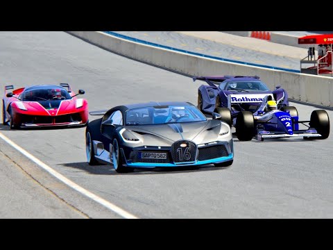 Bugatti Divo vs Williams F1 1994 vs Ferrari FXX K vs Apollo Intensa Emozione - Laguna Seca