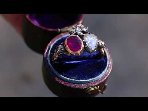 Georgian Rococo Crowned Double Heart Ring, UNIS À JAMAIS enameled shank c. 1750-60