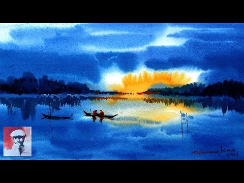 How To Paint Amazing Sunset Riverscape Watercolor Demo by Shahanoor Mamun | Mysterious Twilight