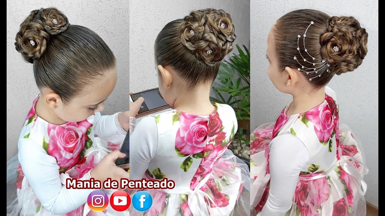 Penteado Infantil Coque em Flores de cabelo para Festas e Formaturas