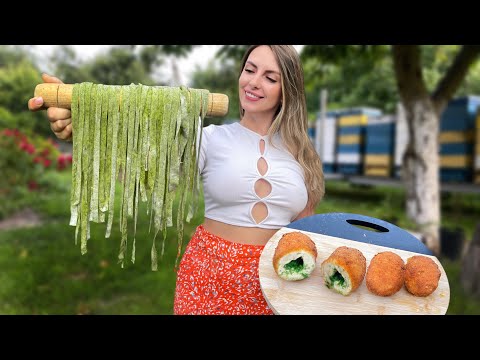 Cooking Homemade Green Pasta with Chicken Kyiv l Village Cooking ASMR