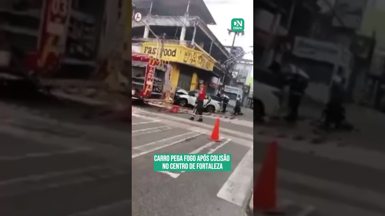 Imagem da notícia Colisão entre dois veículos no Centro de Fortaleza deixa três feridos e carro pega fogo