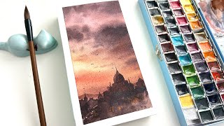 Watercolor ASMR . Use a calligraphy brush to paint a city night scene