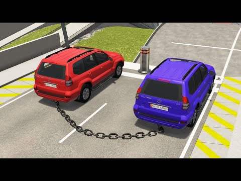 Chained Cars vs Bollard | BeamNG. drive | Cars jumps from Big Ramp.