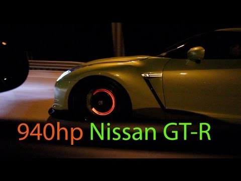 Glowing red brakes on a Nissan GT-R racing a Procharged GS Vette(HD)