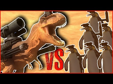 BEAST BATTLE SIMULATOR - TREX WITH MINI-GUNS VS A PENGUIN ARMY | HOW MANY PENGUINS DOES IT TAKE?!?!