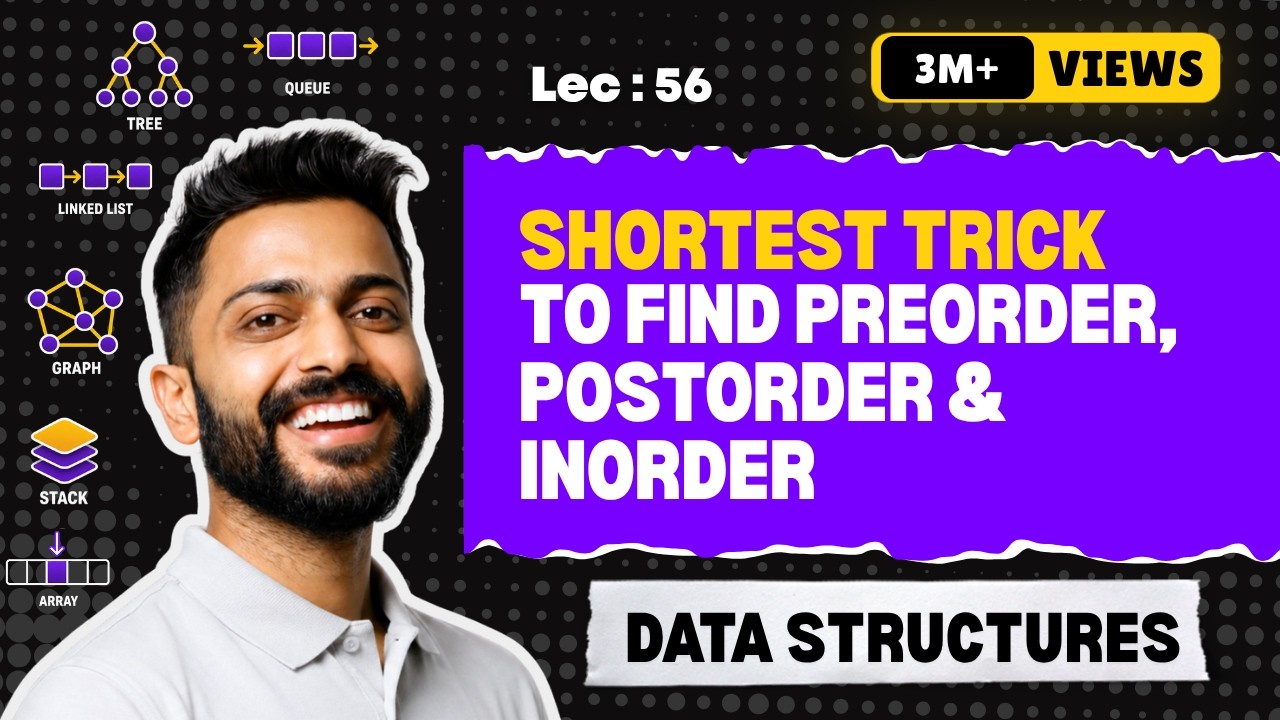 Lec-56: Preorder, Inorder and Postorder in 5 minute | Tree Traversal | Easiest and Shortest Trick