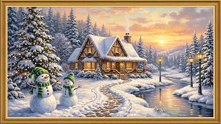 Cozy Christmas Snowy Cottage 🎄 Glowing Tree, Snowmen & Winter Sunset | TV Art Screensaver