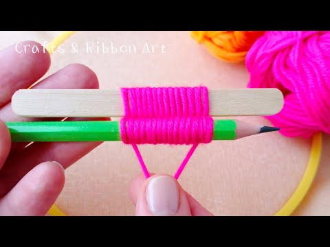 Super Easy Woolen Flower Craft Ideas with Ice Cream Stick - Hand Embroidery Amazing Flower Design