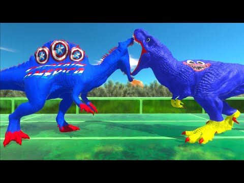 CAPTAIN SPINOSAURUS vs WHITE SPIDER SPINO vs HUGGY WUGGY T-REX DEATH RUN - Animal Revolt Battle Simu