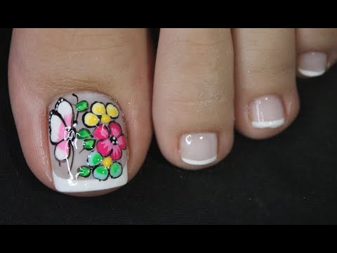 DISEÑO DE FLORES Y MARIPOSA CON FRANCES PARA PIES – BUTTERFLY NAIL ART – FRENCH NAIL ART – NLC