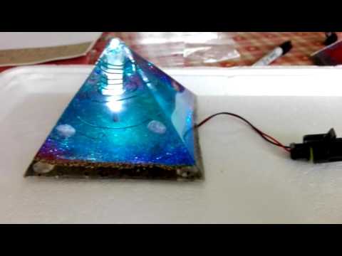 Led powered turquoise orgonite pyramid lamp