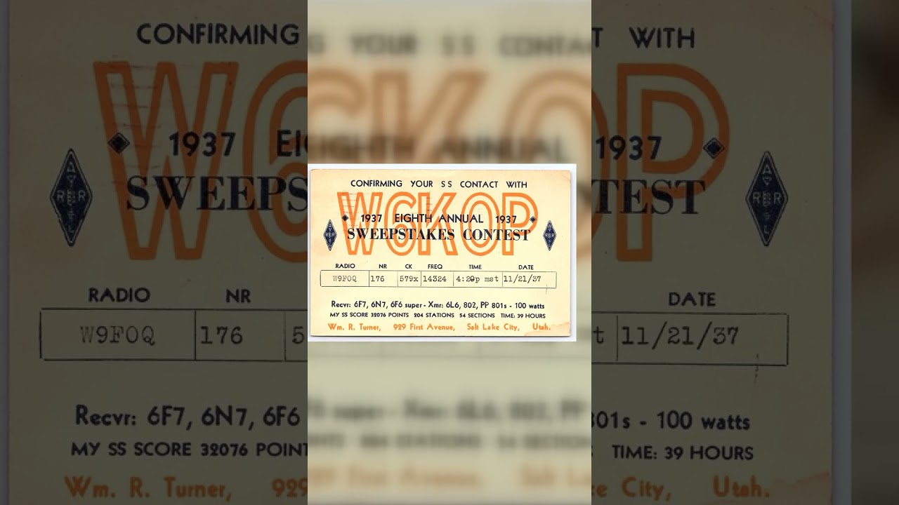 W6KOP Sweepstakes Contest QSL Card, Salt Lake City, 1938 Postmark Video