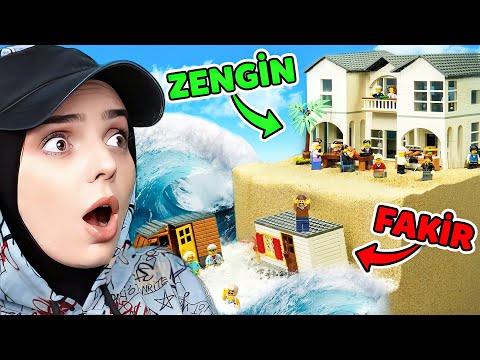 RICH VS POOR LEGO! GIANT TSUNAMI SWALLOWS HOUSES! 😱🌊