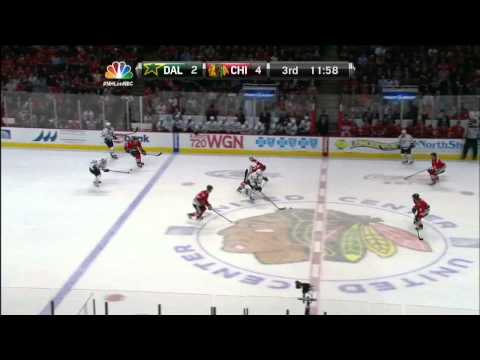 Niklas Hjalmarsson rising slapper slot goal 4-2 April 15 2013 Dallas Stars vs Chicago Blackhawks