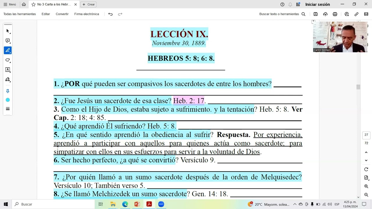 ESCUELA SABATICA 1889 "CARTA A LOS HEBREOS". LECCION 9. Carlos Gómez.