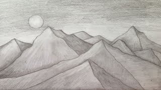 How to draw Mountain Landscape scenery of moonlight with pencil sketch.Step by step(easy draw)