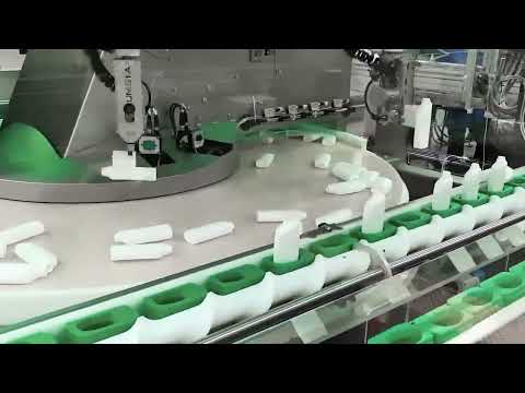 Circular Conveyor Robotic Bottle Unscrambler with 2 delta robots for sensitive bottles - High Speed