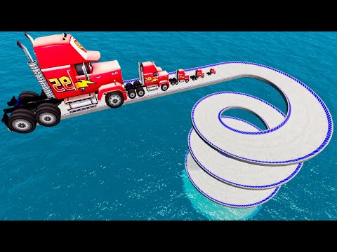 Big and Small Pixar Mack Truck Vs Impossible Spiral Bridge Crossing Cars VS Deepwater - BeamNG.Drive