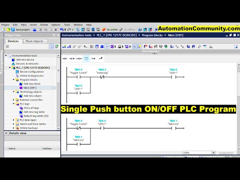 Single Push button ON/OFF PLC Program - Example Problems for Practice