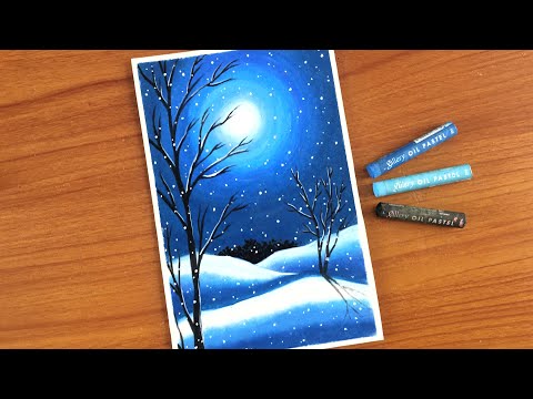 Winter Snowfall Scenery Drawing with Oil pastels for Beginners | Oil Pastel Drawing - Step by Step