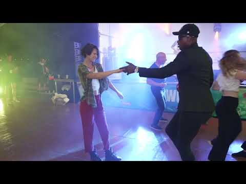 Emeline Rochefeuille and Achile Dinga dancing west coast swing at SWOB event