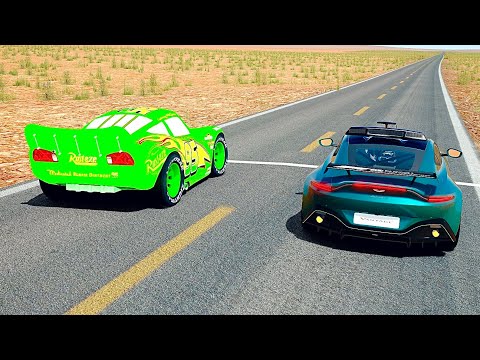Lightning McQueen NEON Green vs F1 Aston Martin Safety Car 2021 - Desert Drag Race