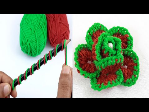 Amazing Woolen Rose Making Ideas with Pencil - Hand Embroidery Easy Trick
