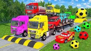 Triple Flatbed Trailer Cars Transportation with Truck - Speedbumps vs Cars vs Train - BeamNG #24