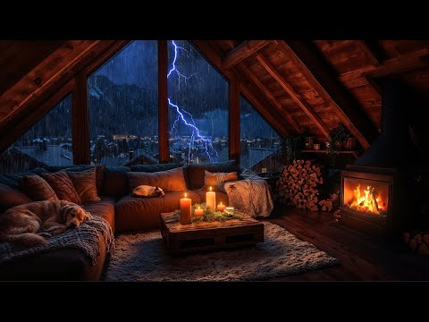 Mountain Cabin Thunderstorm at Night ⛈️ Heavy Rain & Crackling Fireplace