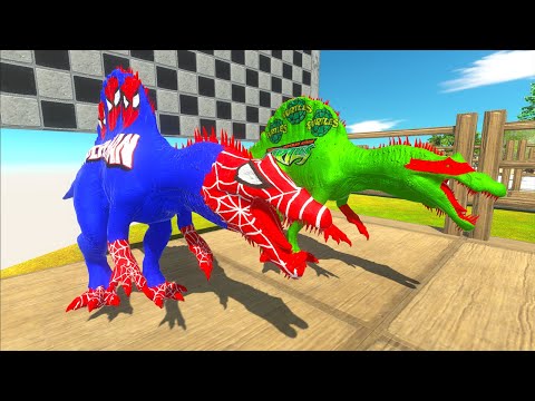 BLUE SUPERMAN vs GREEN NINJA SPINOSAURUS DEATH RUN VERSION 2 - Animal Revolt Battle Simulator