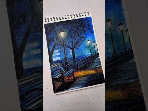 Night Street Scenery 😍🌠 Oil pastel drawing #shorts #art